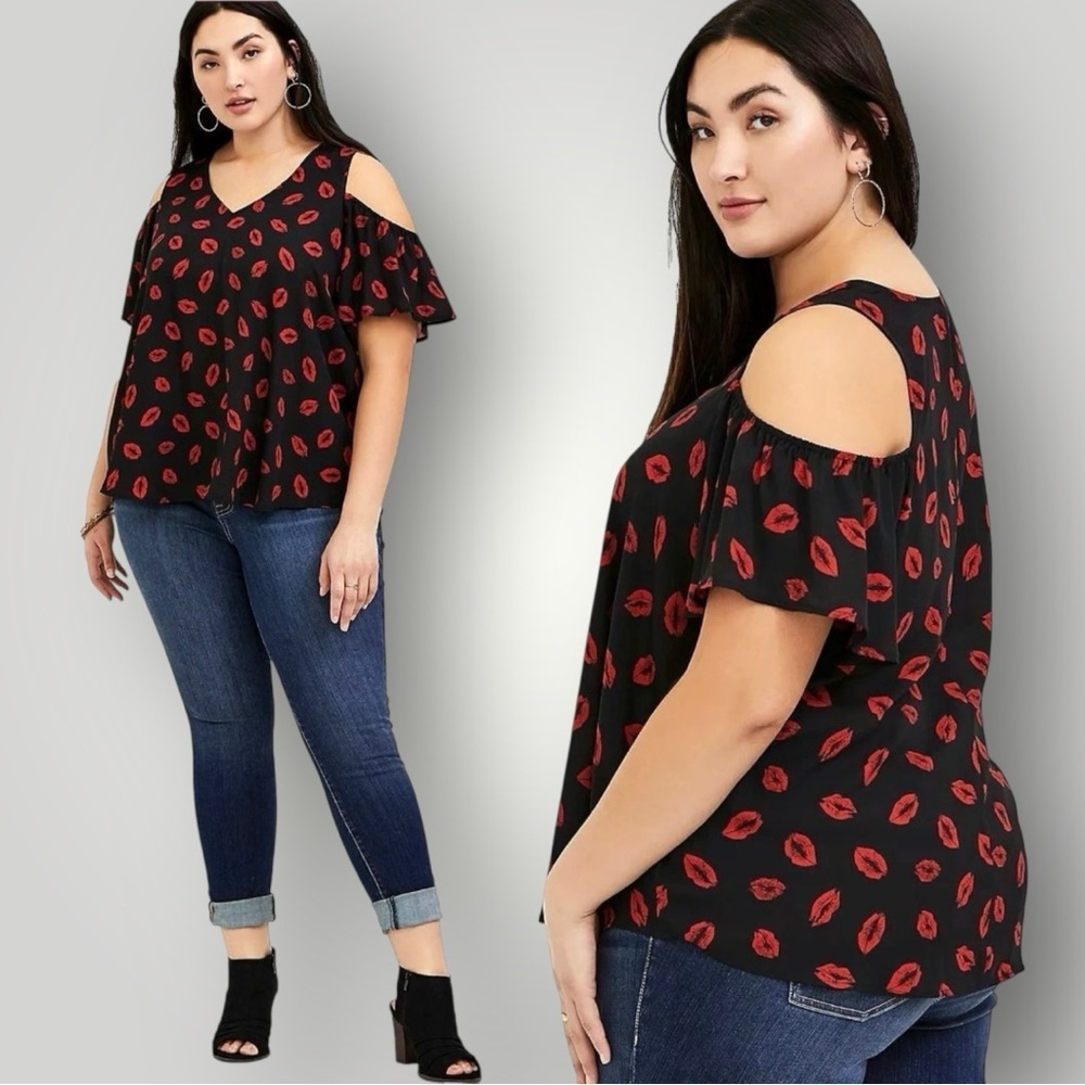 Torrid | Black & Red Lips Georgette Cold Shoulder Top V Neck Flutter Sleev
